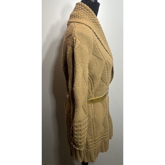 Saks Fifth Avenue Wool Cardigan Womens Medium Camel Tan Sweater Velvet Belt - Picture 2 of 7